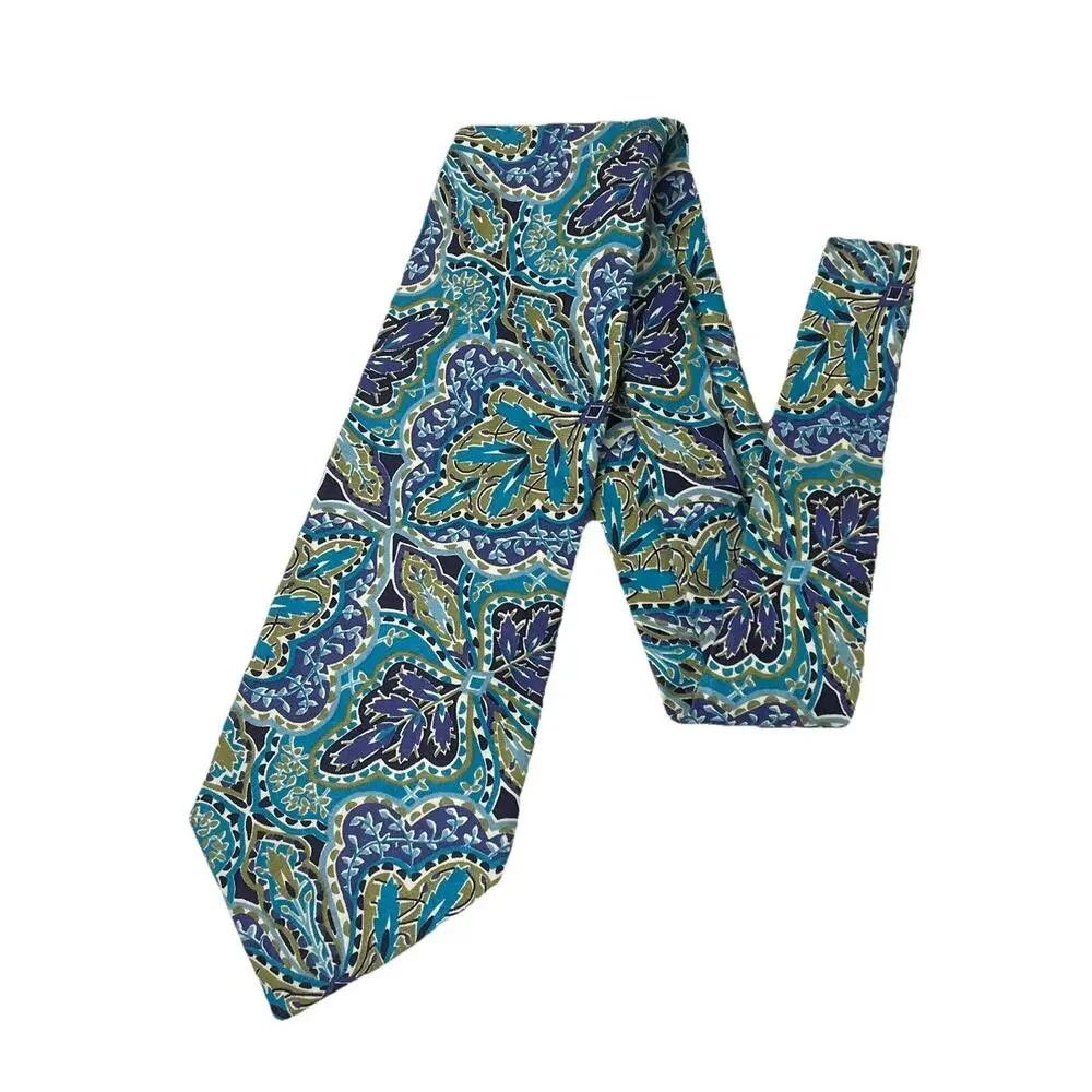Liberty Of London Floral Mens Tie Cotton 80s 90s Vintage Blue Paisley Leaf Fine